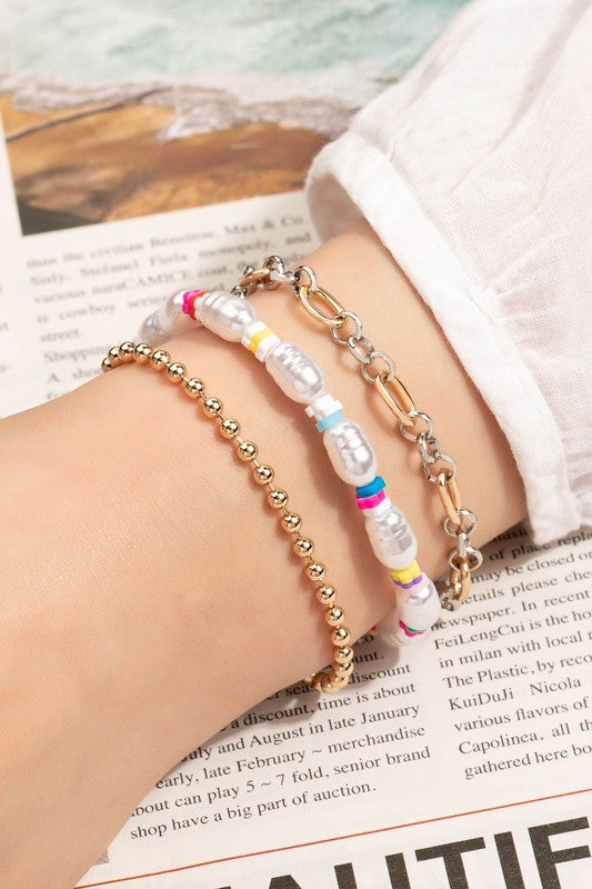 Pearl and Chain Multi Color Gold And Silver Bracelets Set - Rosa Apparel