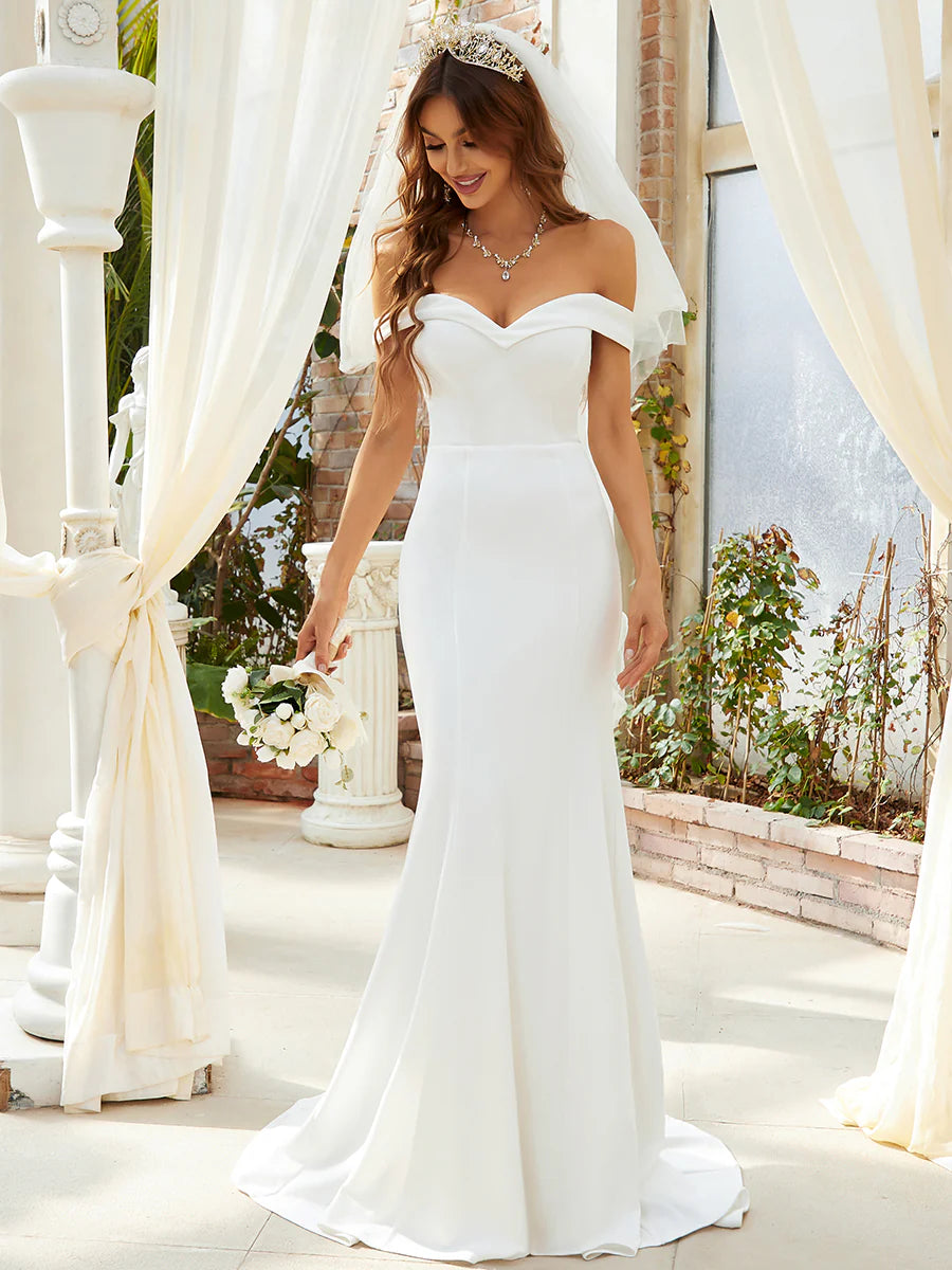 Plain Solid Color Off Shoulder Mermaid Wedding Dress - Rosa Apparel