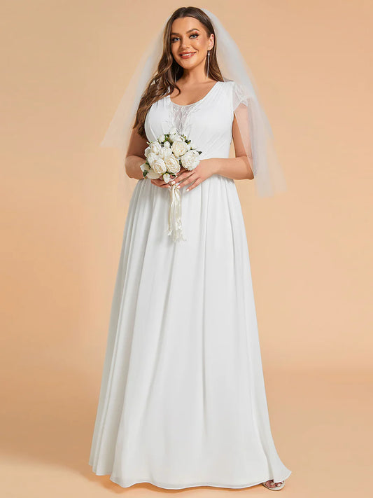 Plus Size Hollow Pleated V-Neck with Short Sleeves Simple Wedding Dresses - Rosa Apparel