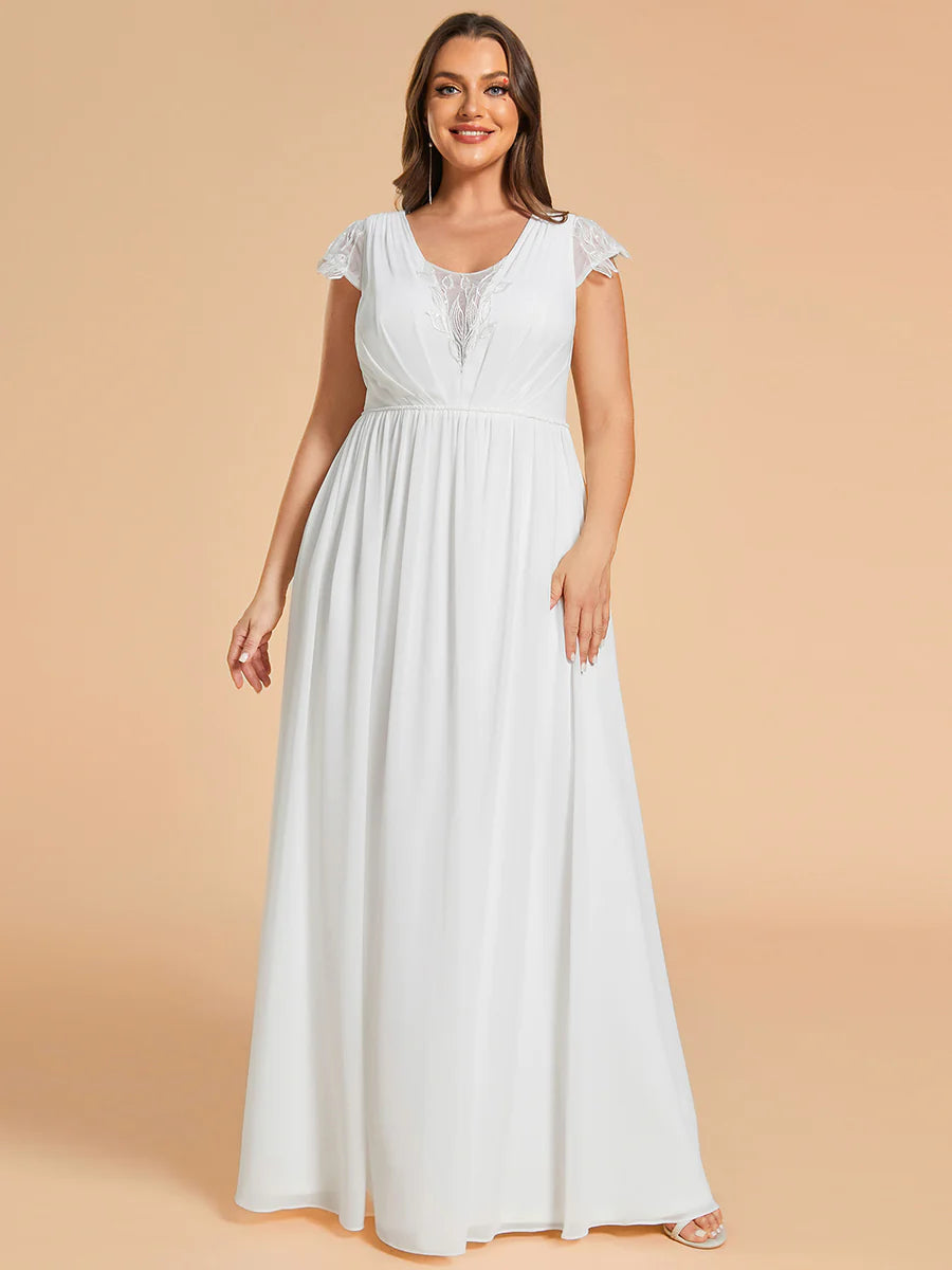 Plus Size Hollow Pleated V-Neck with Short Sleeves Simple Wedding Dresses - Rosa Apparel