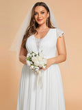 Plus Size Hollow Pleated V-Neck with Short Sleeves Simple Wedding Dresses - Rosa Apparel