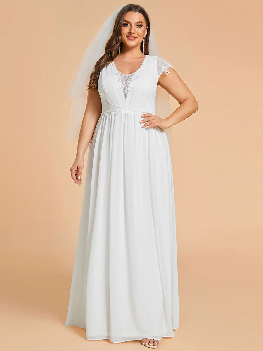 Plus Size Hollow Pleated V-Neck with Short Sleeves Simple Wedding Dresses - Rosa Apparel