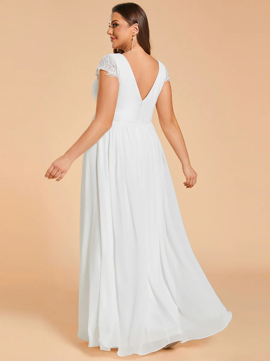 Plus Size Hollow Pleated V-Neck with Short Sleeves Simple Wedding Dresses - Rosa Apparel