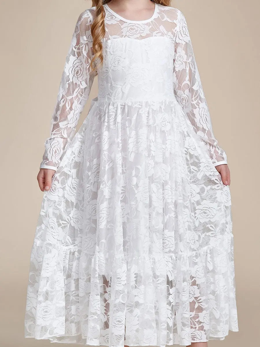 Pure Lace Long-Sleeve Round Neckline Flower Girl Dresses - Rosa Apparel