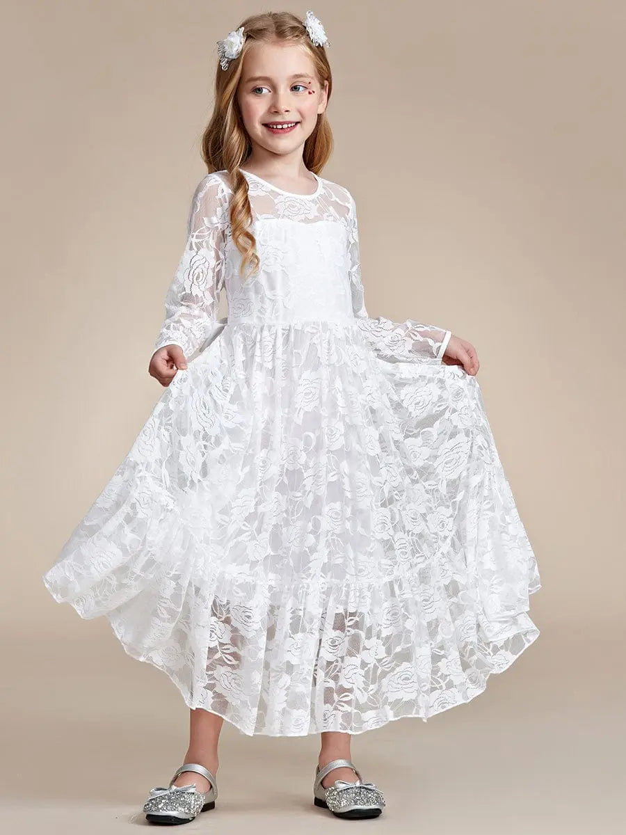 Pure Lace Long-Sleeve Round Neckline Flower Girl Dresses - Rosa Apparel