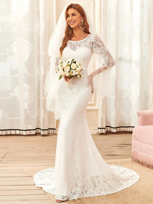 Round Neck Long Pagoda Sleeves Fishtail Silhouette Wedding Dresses - Rosa Apparel