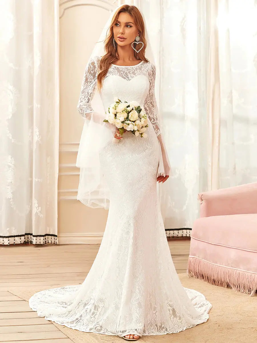 Round Neck Long Pagoda Sleeves Fishtail Silhouette Wedding Dresses - Rosa Apparel