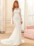 Round Neck Long Pagoda Sleeves Fishtail Silhouette Wedding Dresses - Rosa Apparel