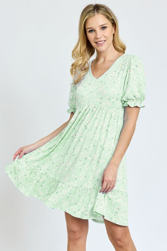 Ruffle Floral V-Neck Short Sleeves Midi Dress by EG Fashion - Rosa Apparel