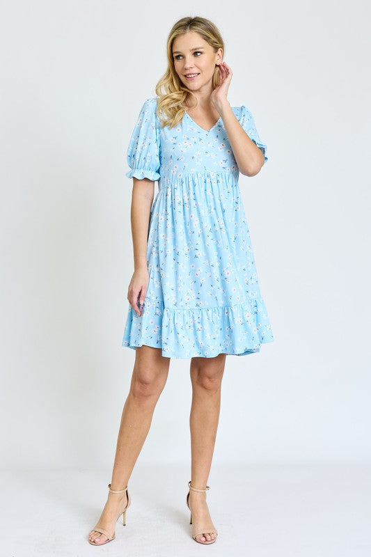 Ruffle Floral V-Neck Short Sleeves Midi Dress by EG Fashion - Rosa Apparel