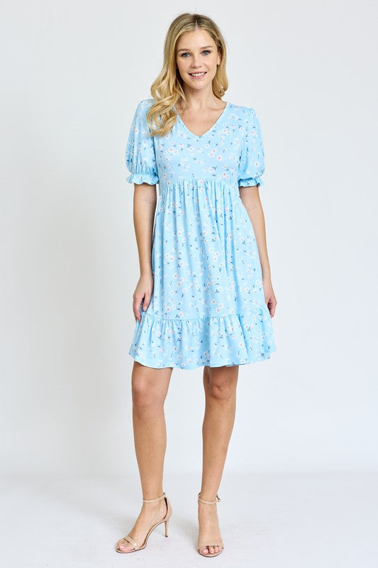 Ruffle Floral V-Neck Short Sleeves Midi Dress by EG Fashion - Rosa Apparel