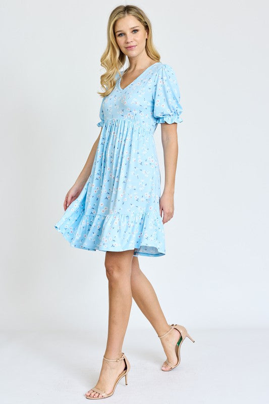 Ruffle Floral V-Neck Short Sleeves Midi Dress by EG Fashion - Rosa Apparel