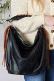 SHOMICO Fringe Detail Vegan Leather Contrast Hobo Handbag - Rosa Apparel