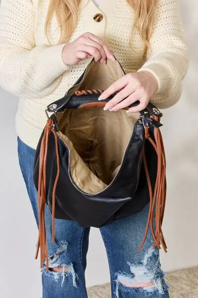 SHOMICO Fringe Detail Vegan Leather Contrast Hobo Handbag - Rosa Apparel