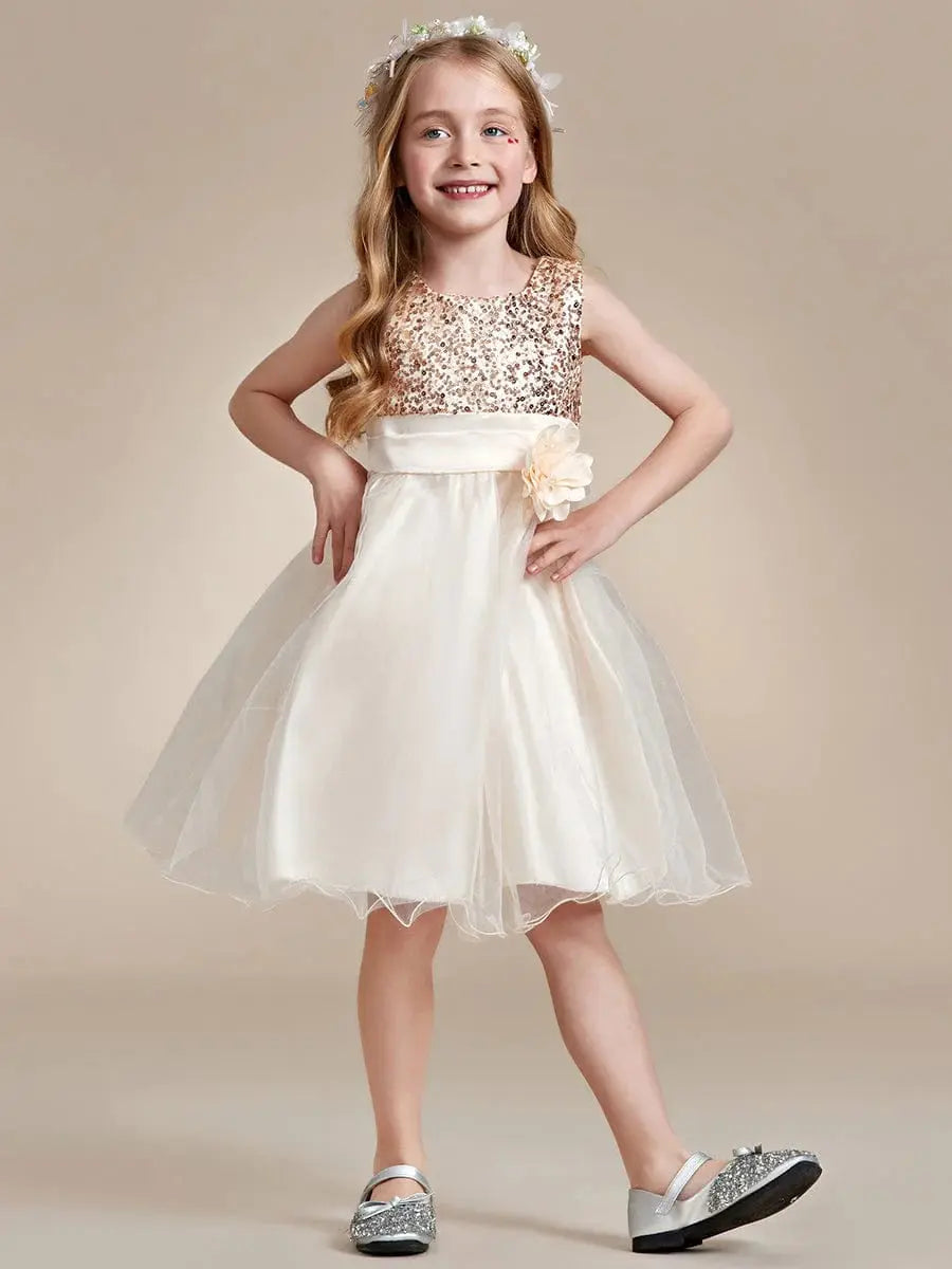 Sequin Bodice Double hemline Short Flower Girl Dresses with Bowknot - Rosa Apparel