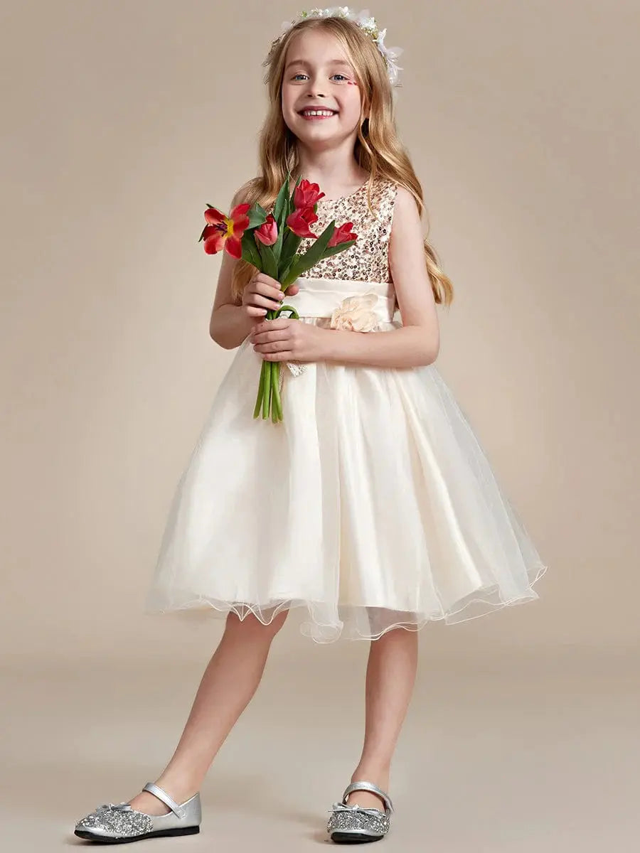 Sequin Bodice Double hemline Short Flower Girl Dresses with Bowknot - Rosa Apparel