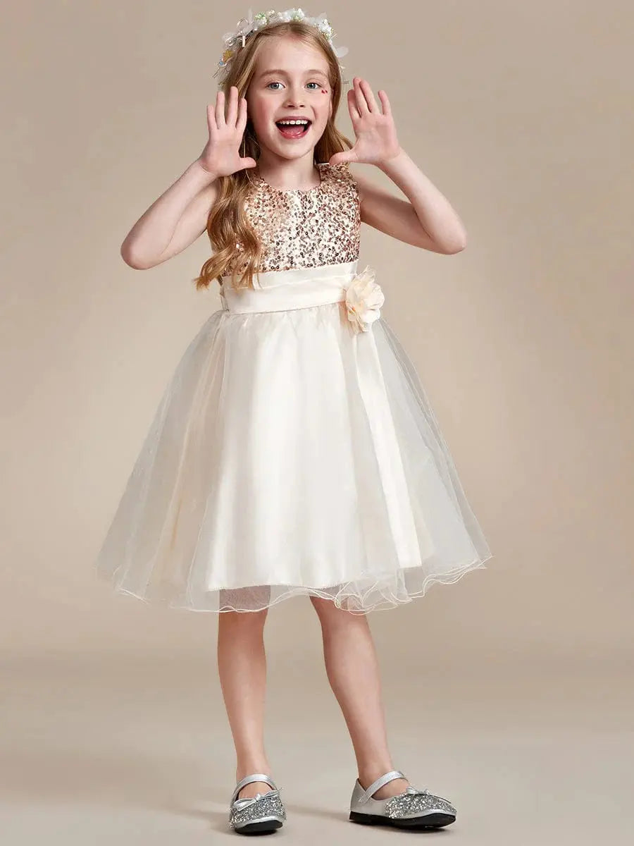 Sequin Bodice Double hemline Short Flower Girl Dresses with Bowknot - Rosa Apparel