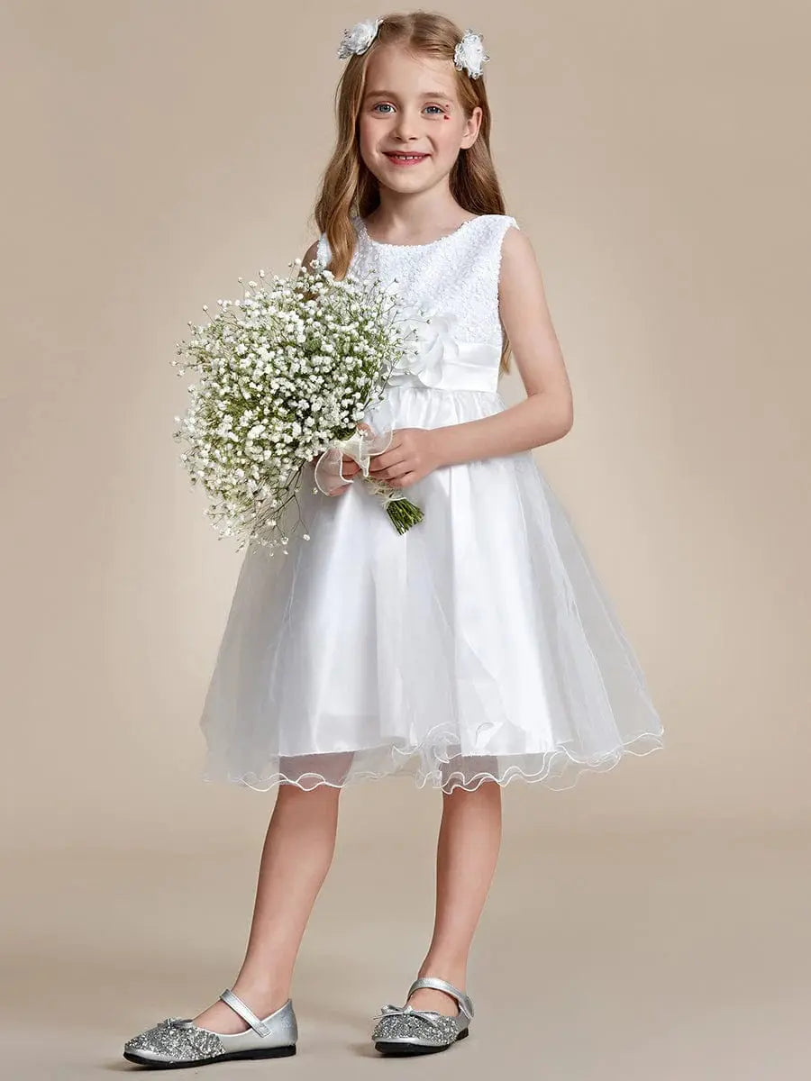 Sequin Bodice Double hemline Short Flower Girl Dresses with Bowknot - Rosa Apparel