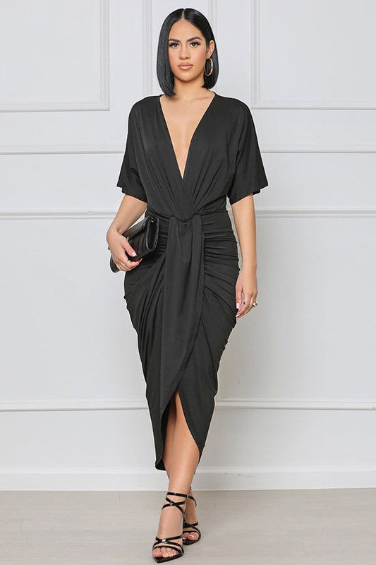 Sexy Deep V-Neck Short Sleeves Wrap Style Maxi Dress By Claude - Rosa Apparel