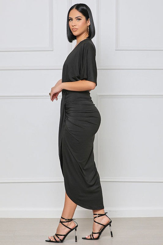 Sexy Deep V-Neck Short Sleeves Wrap Style Maxi Dress By Claude - Rosa Apparel