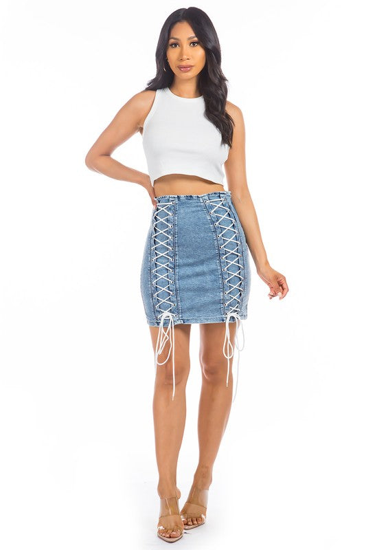 Sexy Look Denim Multi-Strip Skirt By Claude - Rosa Apparel