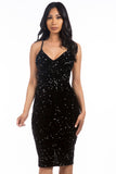 Sexy Sequin Party V-Neck Spaghetti Straps Sleeveless Midi Dress By Claude - Rosa Apparel