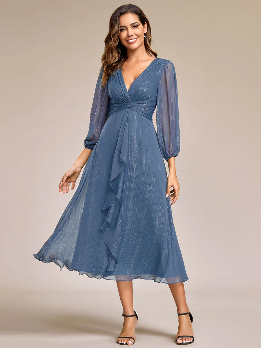 Shiny Chiffon Wedding Guest Dress with Long Sleeve - Rosa Apparel