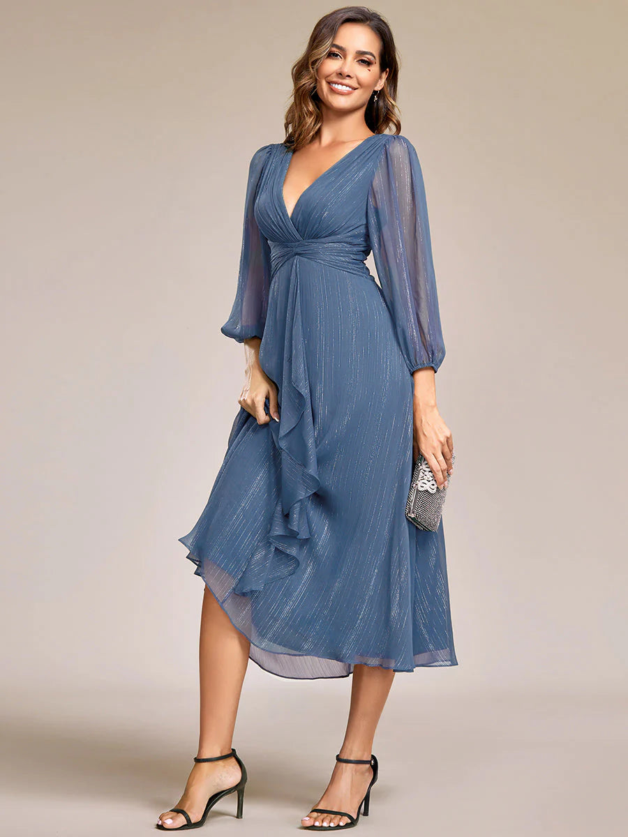 Shiny Chiffon Wedding Guest Dress with Long Sleeve - Rosa Apparel