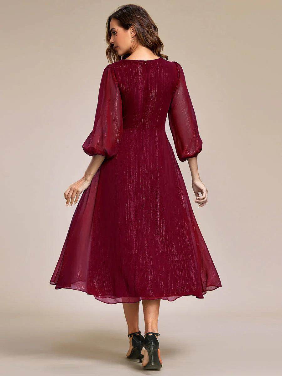 Shiny Chiffon Wedding Guest Dress with Long Sleeve - Rosa Apparel