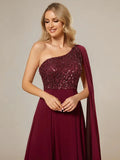 Shiny Sequin Chiffon One Shoulder Sleeveless Dresses - Rosa Apparel