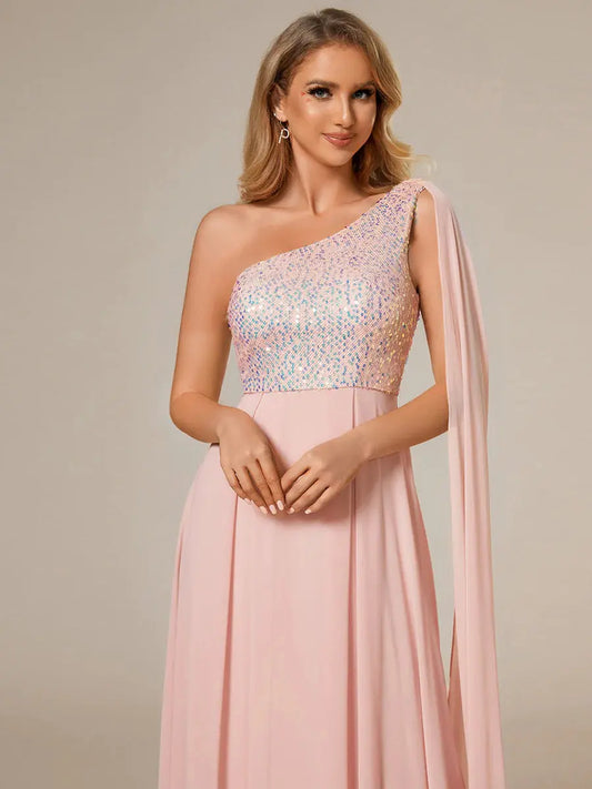 Shiny Sequin Chiffon One Shoulder Sleeveless Dresses - Rosa Apparel