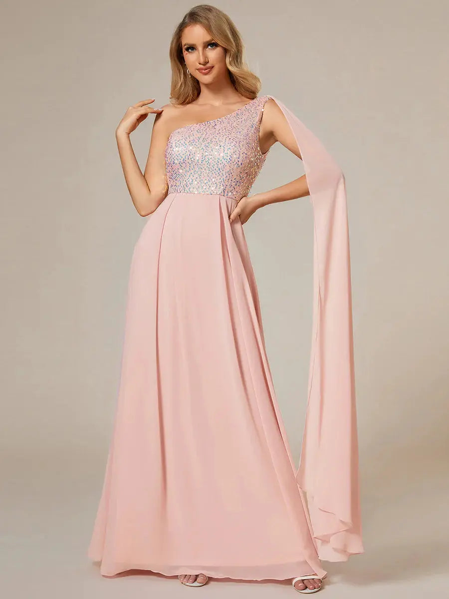 Shiny Sequin Chiffon One Shoulder Sleeveless Dresses - Rosa Apparel