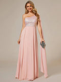 Shiny Sequin Chiffon One Shoulder Sleeveless Dresses - Rosa Apparel