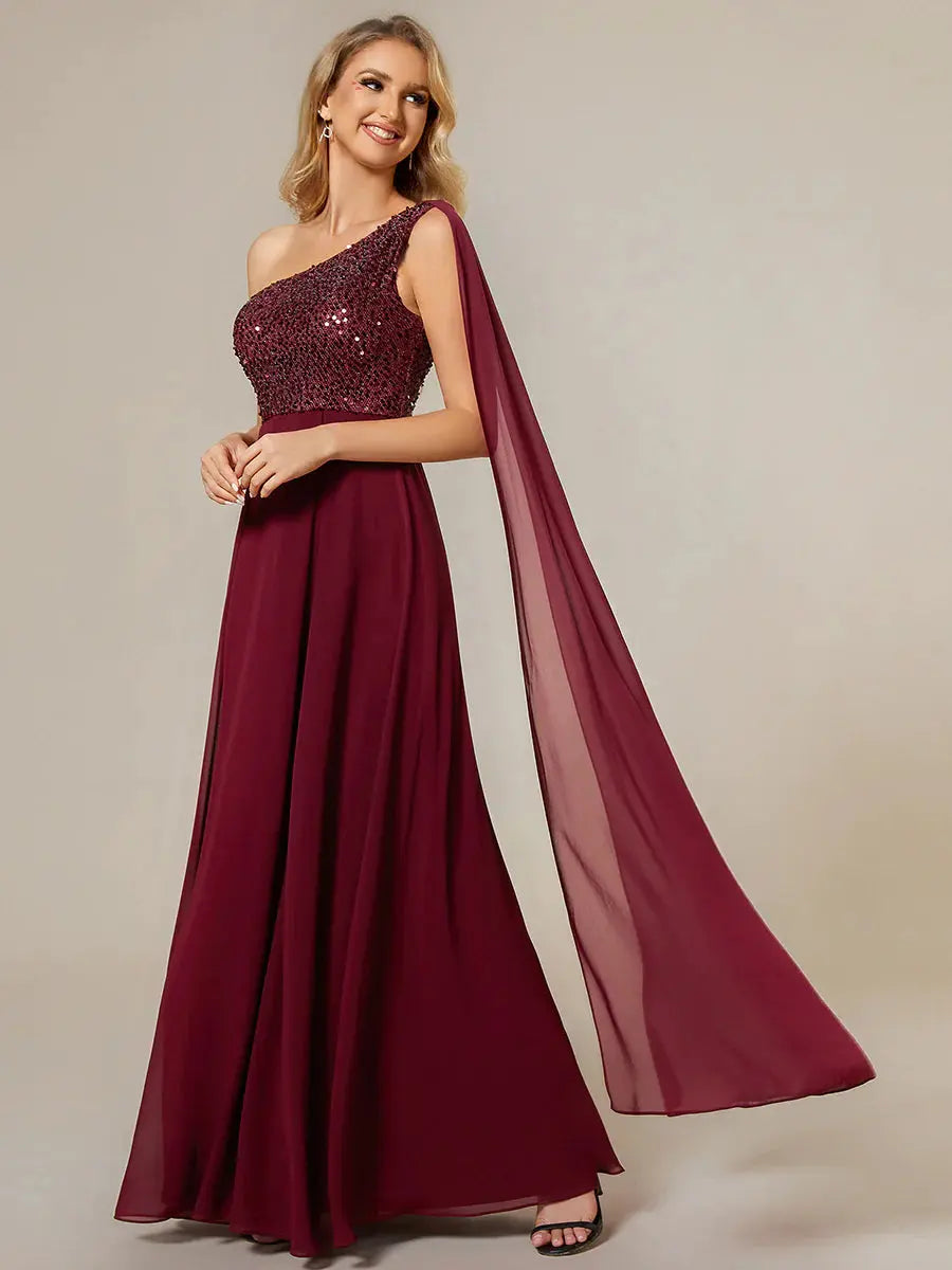 Shiny Sequin Chiffon One Shoulder Sleeveless Dresses - Rosa Apparel