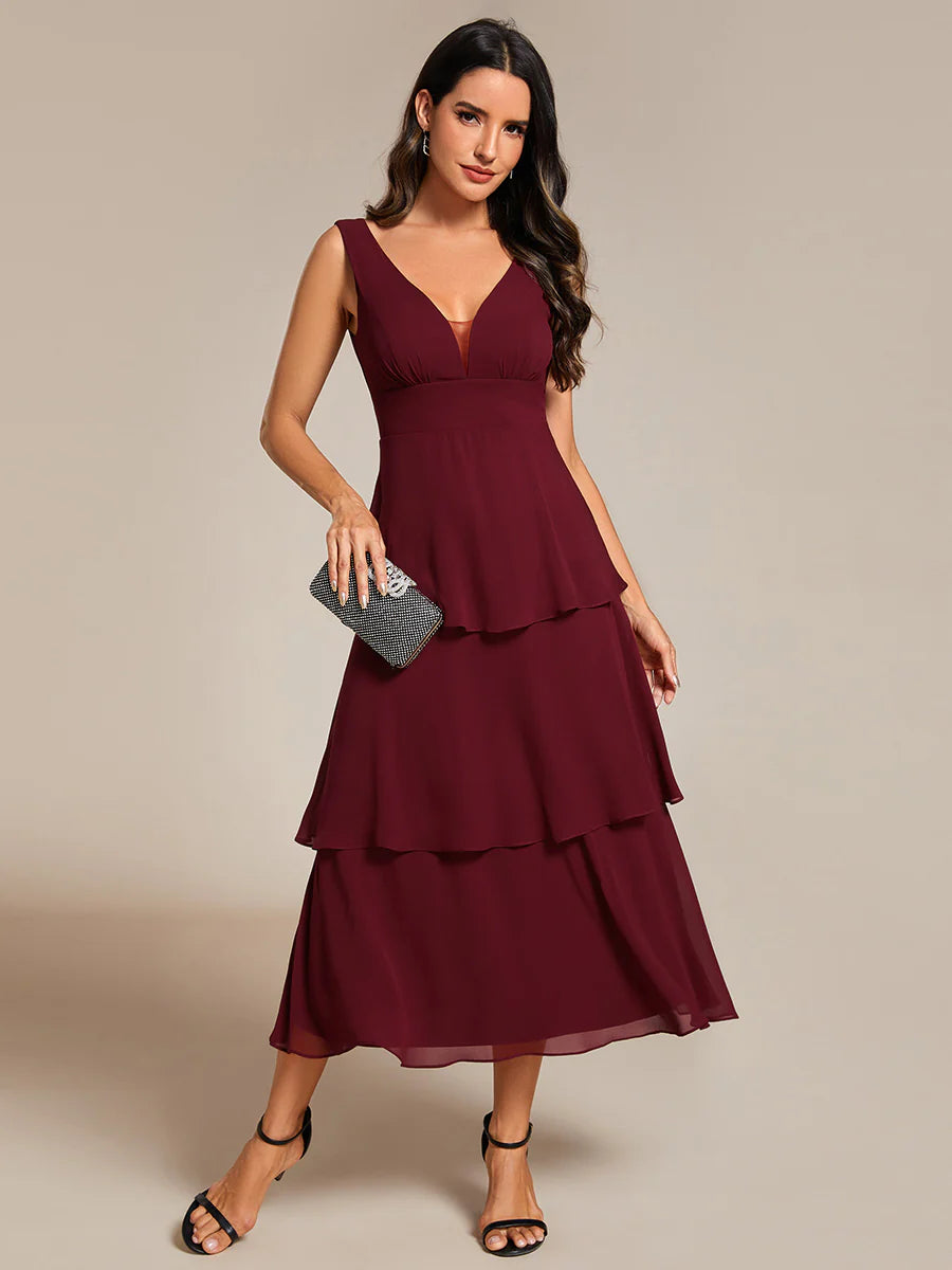 Spaghetti Strap Tiered Ruffle Hem Midi Length Wedding Guest Dresses - Rosa Apparel