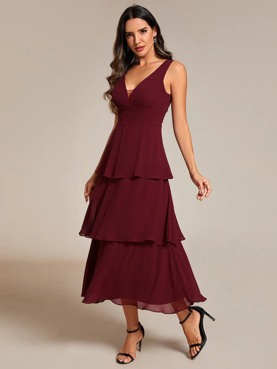 Spaghetti Strap Tiered Ruffle Hem Midi Length Wedding Guest Dresses - Rosa Apparel