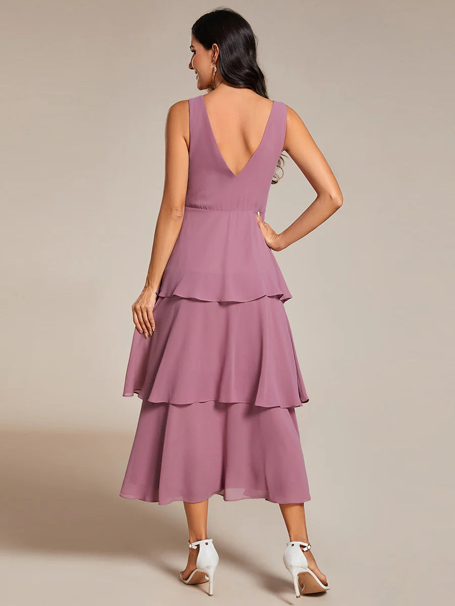 Spaghetti Strap Tiered Ruffle Hem Midi Length Wedding Guest Dresses - Rosa Apparel