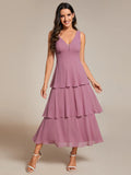 Spaghetti Strap Tiered Ruffle Hem Midi Length Wedding Guest Dresses - Rosa Apparel