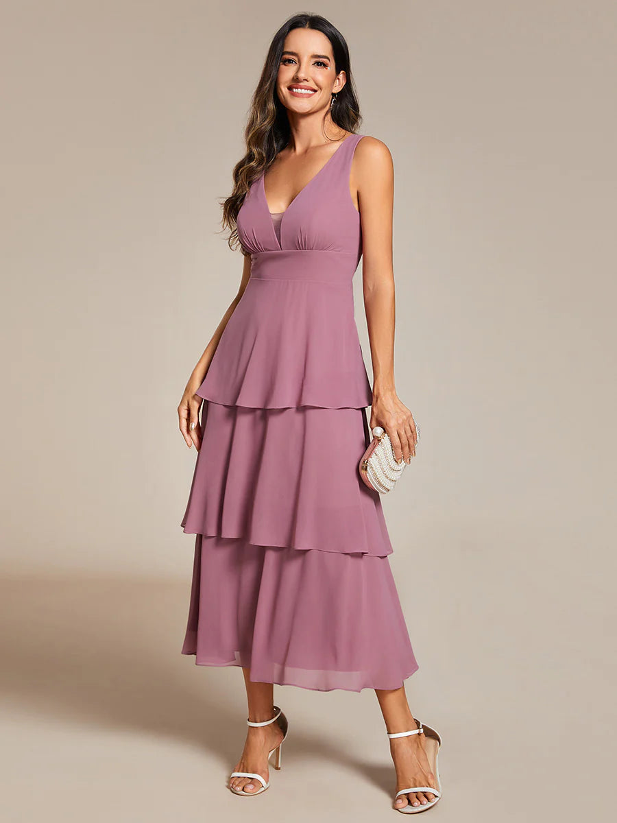 Spaghetti Strap Tiered Ruffle Hem Midi Length Wedding Guest Dresses - Rosa Apparel