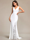 Spaghetti Straps V Neck Appliques Fishtail Silhouette White Wedding Dresses - Rosa Apparel