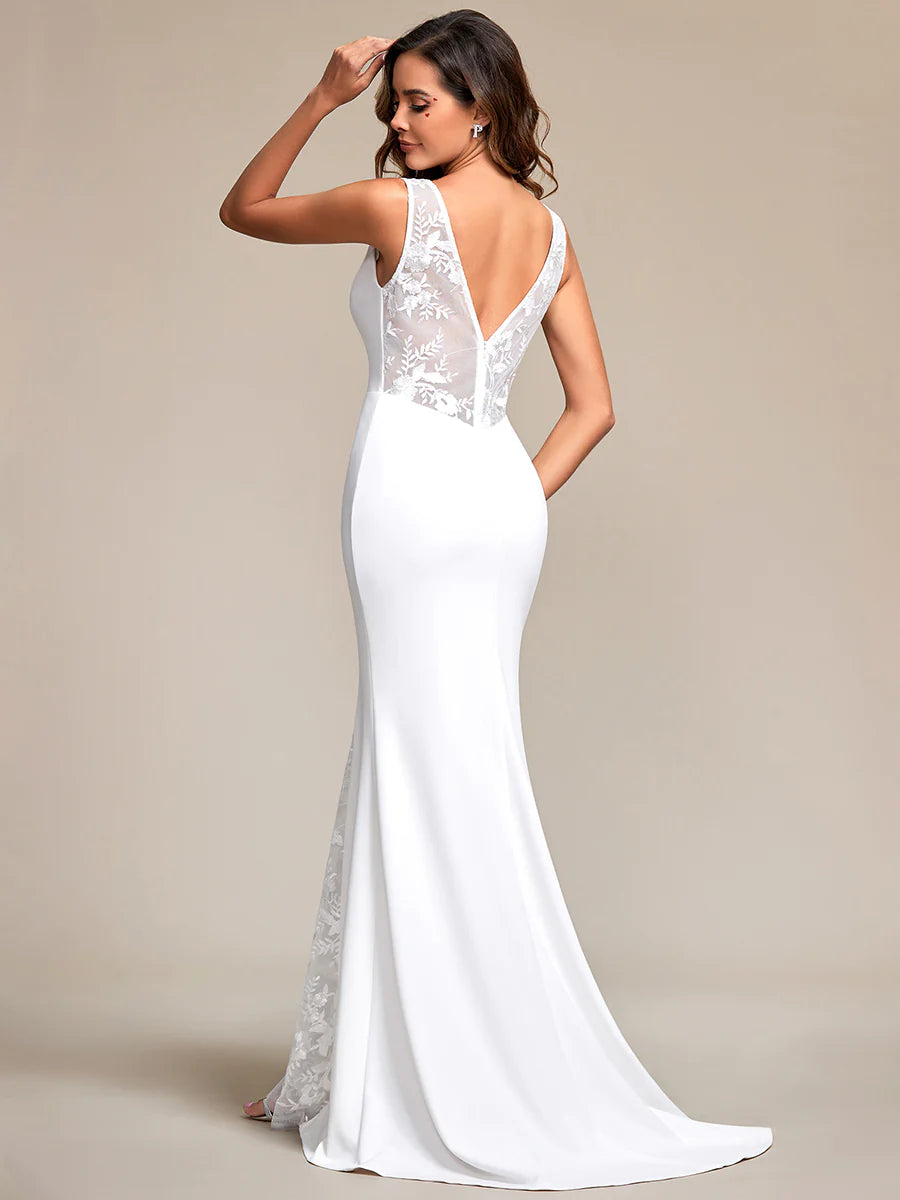 Spaghetti Straps V Neck Appliques Fishtail Silhouette White Wedding Dresses - Rosa Apparel