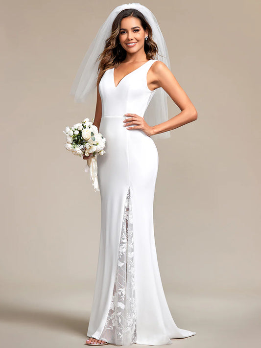 Spaghetti Straps V Neck Appliques Fishtail Silhouette White Wedding Dresses - Rosa Apparel