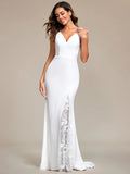 Spaghetti Straps V Neck Appliques Fishtail Silhouette White Wedding Dresses - Rosa Apparel