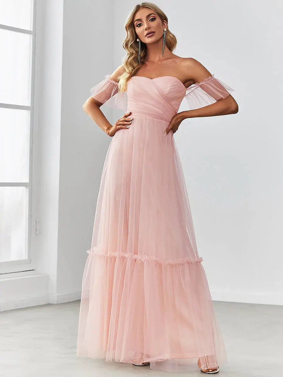 Strapless A line Ruffles Sleeves Dress - Rosa Apparel