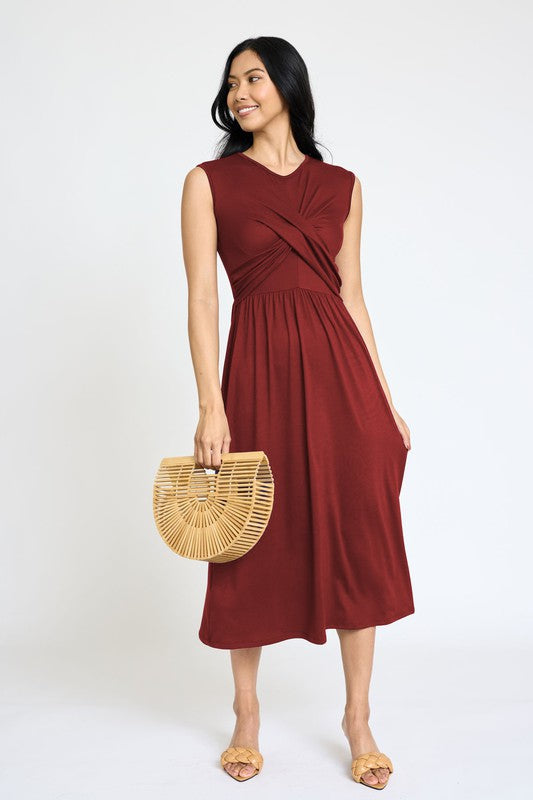 Stylish Sleeveless Cross-Over Bodice V-Neck Midi Dress by EG Fashion - Rosa Apparel