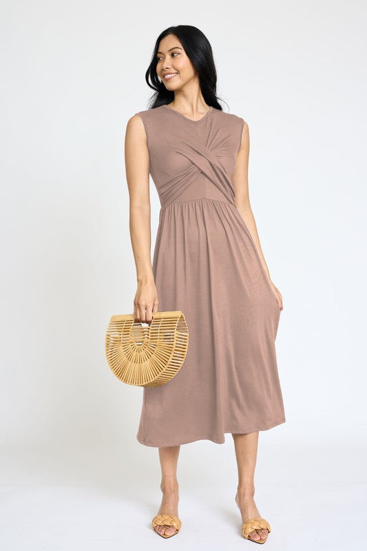 Stylish Sleeveless Cross-Over Bodice V-Neck Midi Dress by EG Fashion - Rosa Apparel