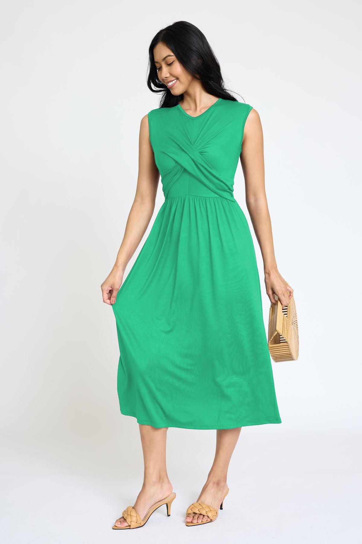 Stylish Sleeveless Cross-Over Bodice V-Neck Midi Dress by EG Fashion - Rosa Apparel