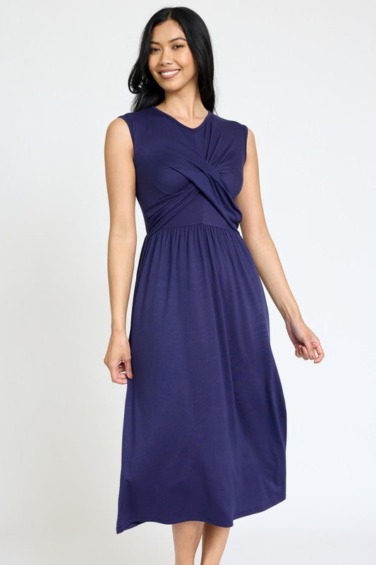 Stylish Sleeveless Cross-Over Bodice V-Neck Midi Dress by EG Fashion - Rosa Apparel