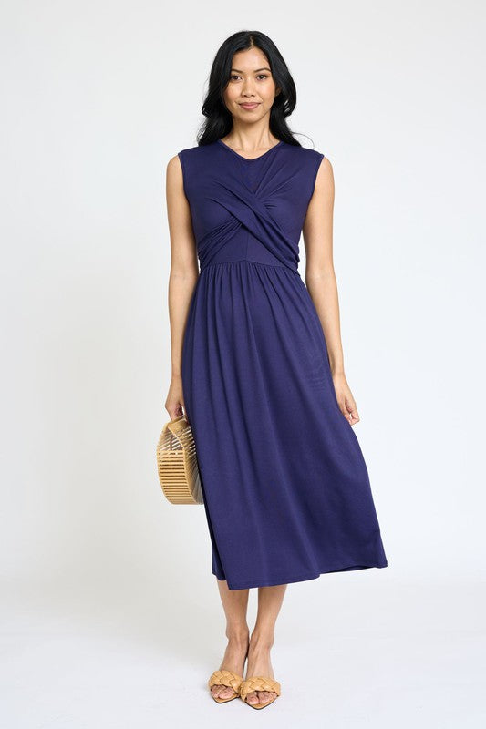 Stylish Sleeveless Cross-Over Bodice V-Neck Midi Dress by EG Fashion - Rosa Apparel