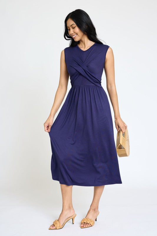 Stylish Sleeveless Cross-Over Bodice V-Neck Midi Dress by EG Fashion - Rosa Apparel